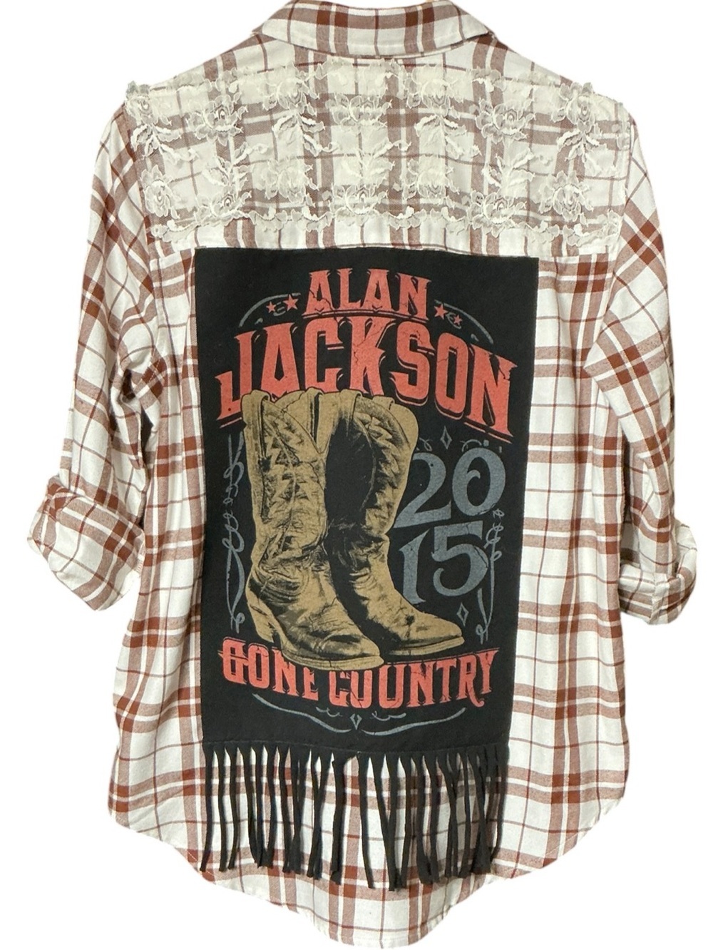 ALAN JACKSON Country Music Upcycled Flannel Shirt Western Graphic Lace Cowboy
